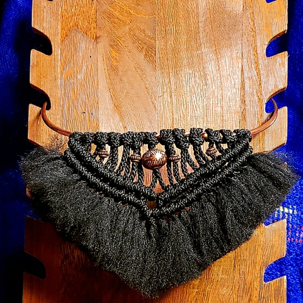 Black and brass tone Macrame, fringed choker